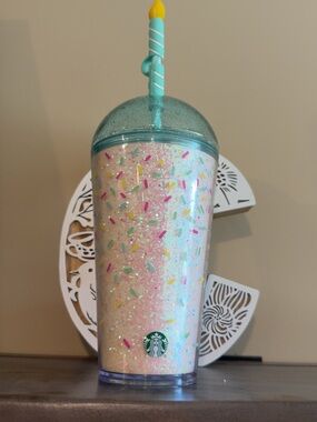 Starbucks Iridescent Sprinkle Tumbler with Aqua Dome Lid and Yellow Candle Straw